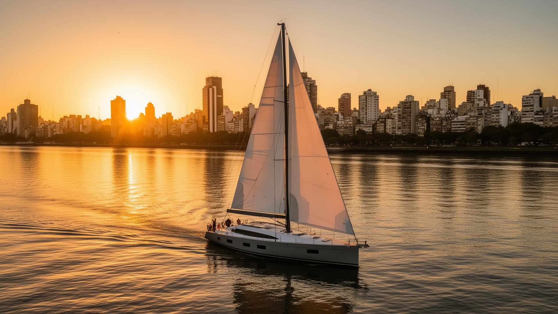 Velero navegando en el Río de la Plata al atardecer con Buenos Aires de fondo